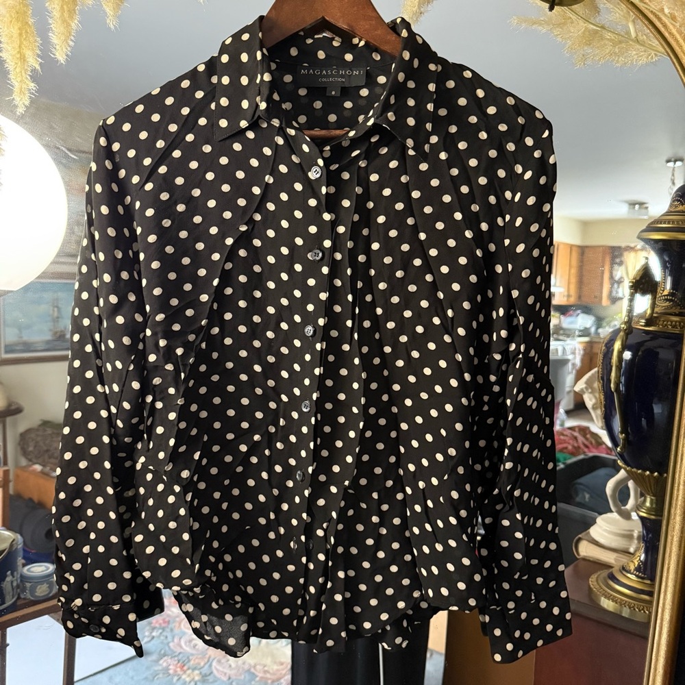 Magaschoni Black and Tan Polka Dot Button Up Long Sleeve Lightweight Blouse